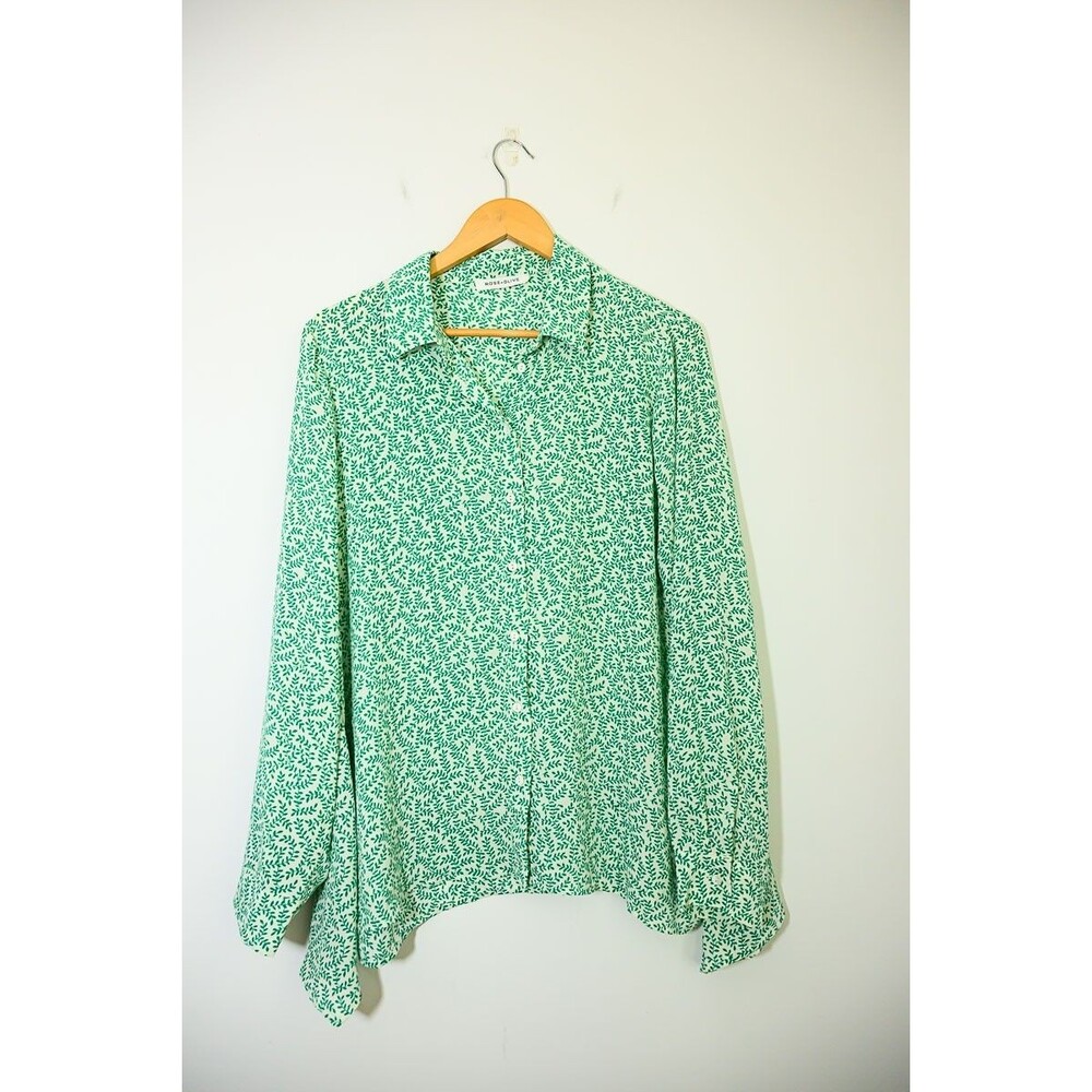 Rose + Olive Blouse Top L Green leaf floral office casual business boho fairy